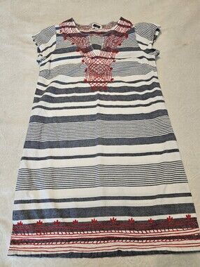 Mud Pie Embroidered Striped Tunic Dress Size S (4-6) Navy White Red Euc Summer
